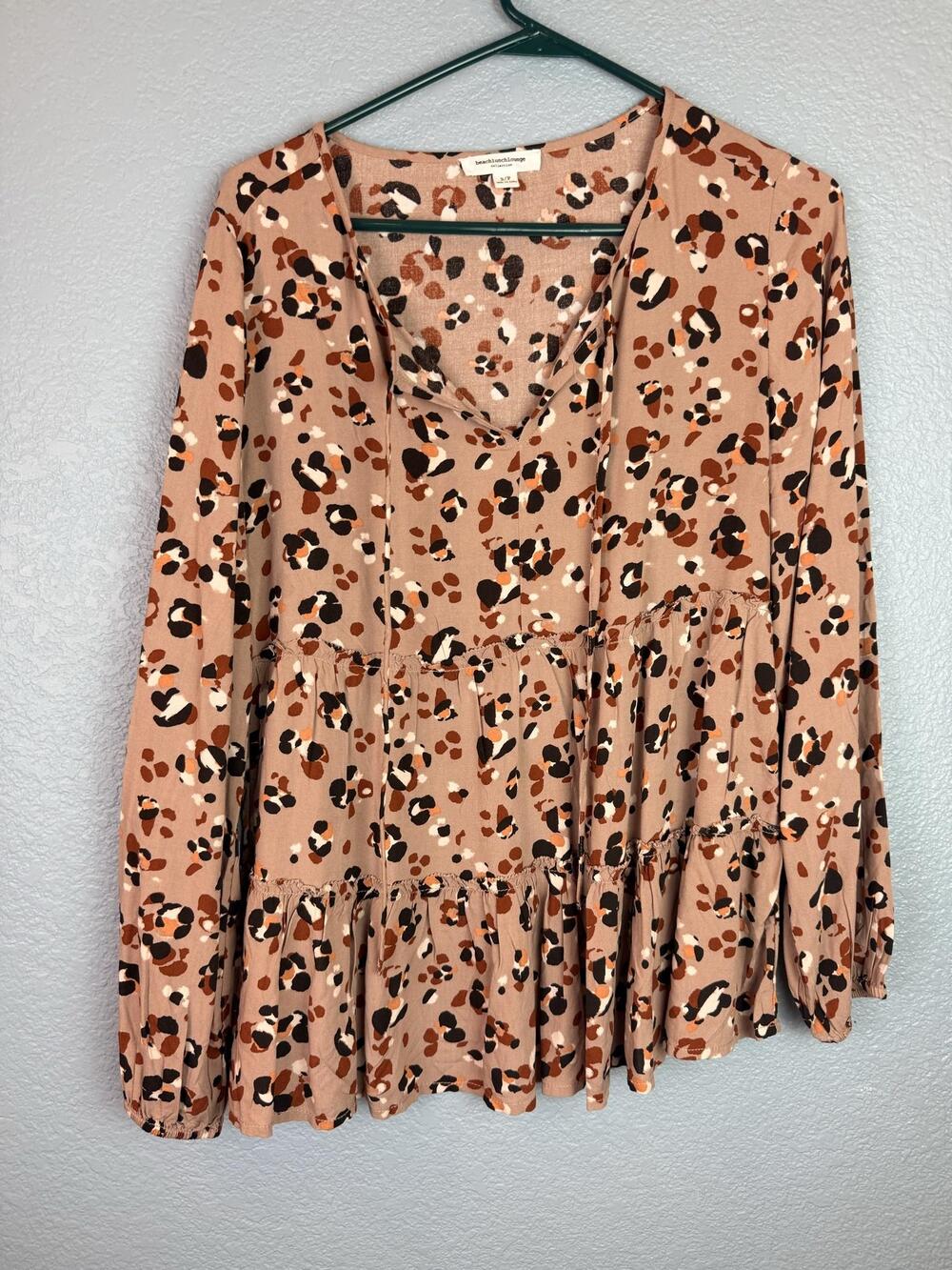 Beachlunchlounge Collection Blouse Womens Small Beige Animal Print Boho Tunic